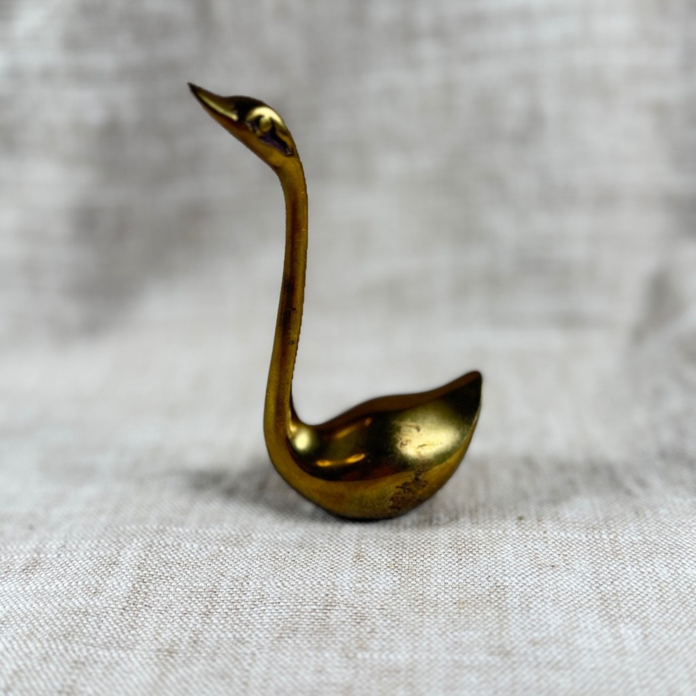 Vintage Solid Brass Swan Figurine Mid Century Modern Long Neck Bird Decor 3.5"